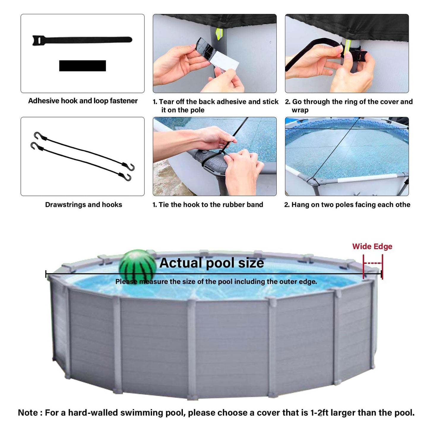 SAFANA 15FT Round Pool Covers for Above Ground Pools, Upgrade 420D Durable 15 foot Swimming Pool Cover Protective Leaf Cover with Reflective Strip Superior Windproof Tear Resistant UV Resistance Black