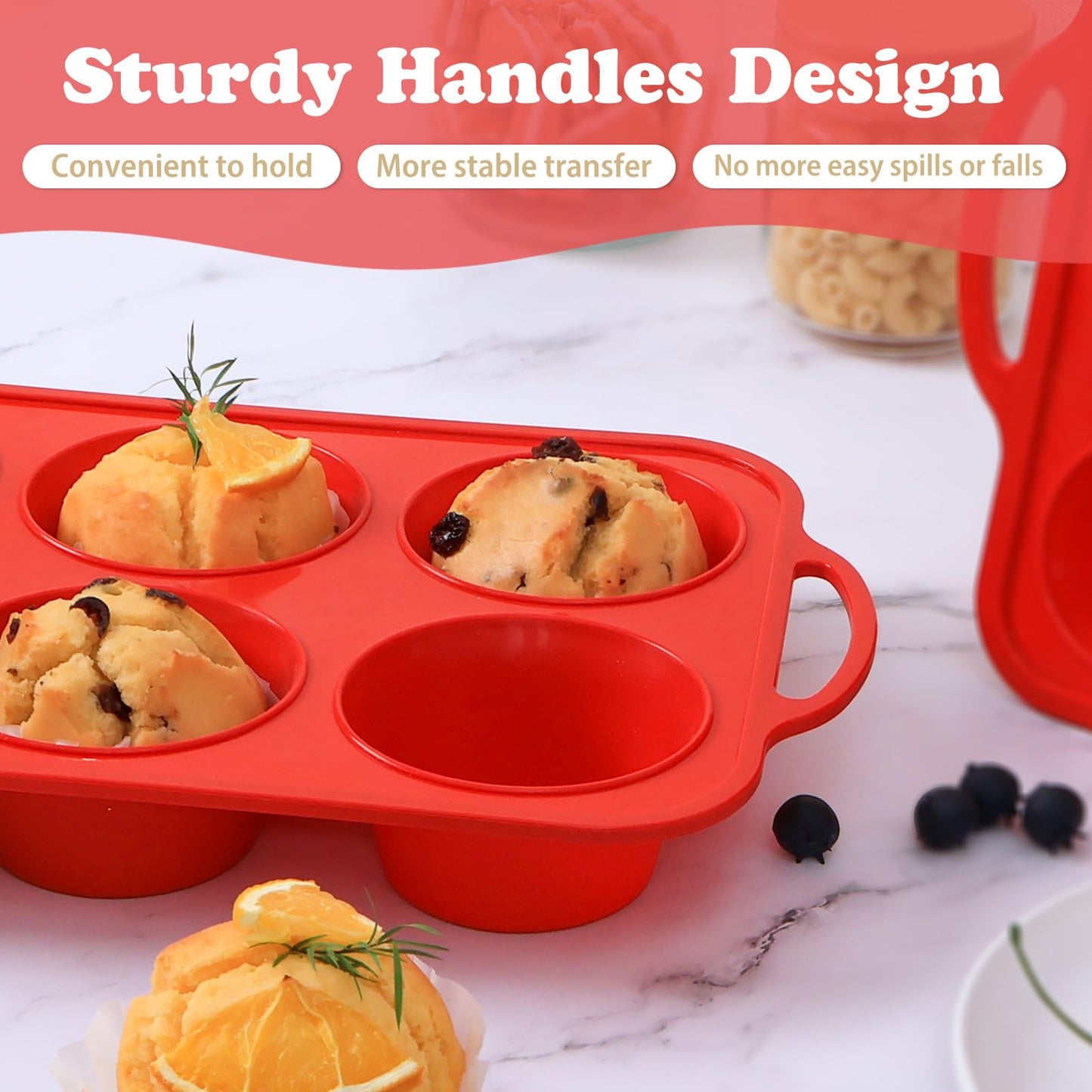 Foepoge 2 Pack Jumbo Silicone Muffin Pan with Metal Frame, Non-stick Large Silicone Cupcake Pan with Handles 6 Cup, Silicon Muffin Tin Tray for baking, egg bites, Cupcake Mold, BPA Free Red
