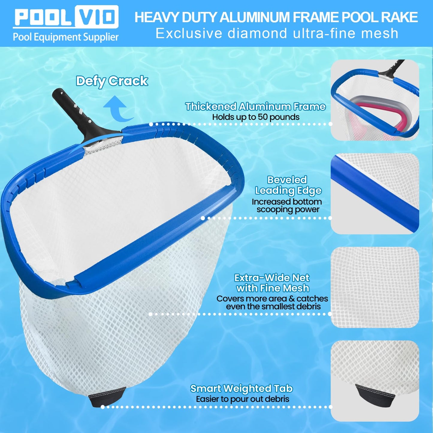 Poolvio 20" Pool Net Skimmer – Heavy Duty Leaf Net with Aluminum Frame with Diamond-Pattern Ultra-Fine Soft Mesh Bag – Pool Cleaning Net for Leaves, Sand, Pollen & Small Debris (No Pole)