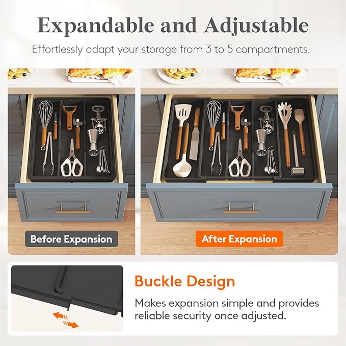 Lifewit Utensil Organizer for Kitchen Drawers, Expandable Cooking Utensil Tray, Adjustable Cutlery Silverware Flatware Holder, Plastic Spatula Tools Storage Divider, Black, 12.9"-22.8" x 16.5"