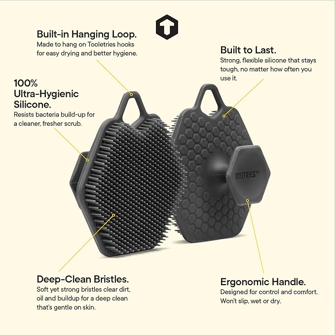 TOOLETRIES MenÃ¢ÂÂs Face Scrubber 2.0 - Silicone Facial Cleansing Brush for Daily Use, Larger Surface Area, Longer Bristles for Deeper Exfoliation, Quick-Dry Design, with Hang Loop - Charcoal