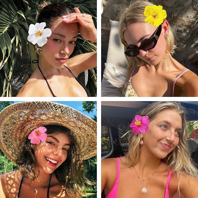 4Pcs Hawaiian Flower Hair Clips for Women,Plumeria Hibiscus Hair Clips Rose Hair Barrettes 3.5 Inch Artificial Flower Clips,Hair Accessories for Vacation Beach Party, Boho Clips for Girls Wedding
