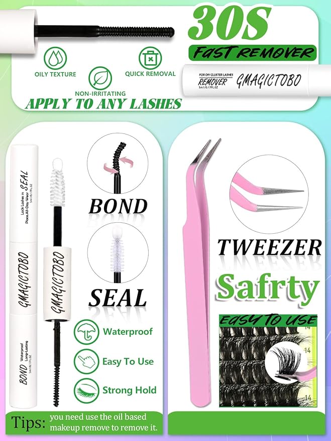 Lash Clusters Natural Wispy Lash Clusters Kit C/D Curl 444Pcs Volume Lashes Clusters Manga Lashes Pack Individual Lashes Lash Bond and Seal Lash Remover Lash Tweezers