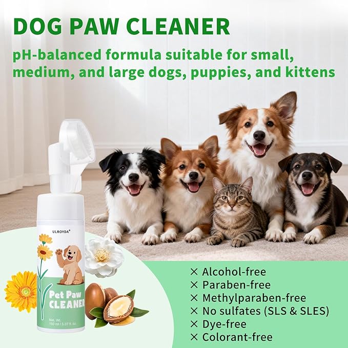 No-Rinse Dog paw Cleaner, Along with paw Washer, pet Dry Shampoo, Built-in Silicone Massage Brush Head, Effectively removes Dirt and Outdoor Grime, deodorizes, Suitable for All Dogs, 5.07fl.oz.
