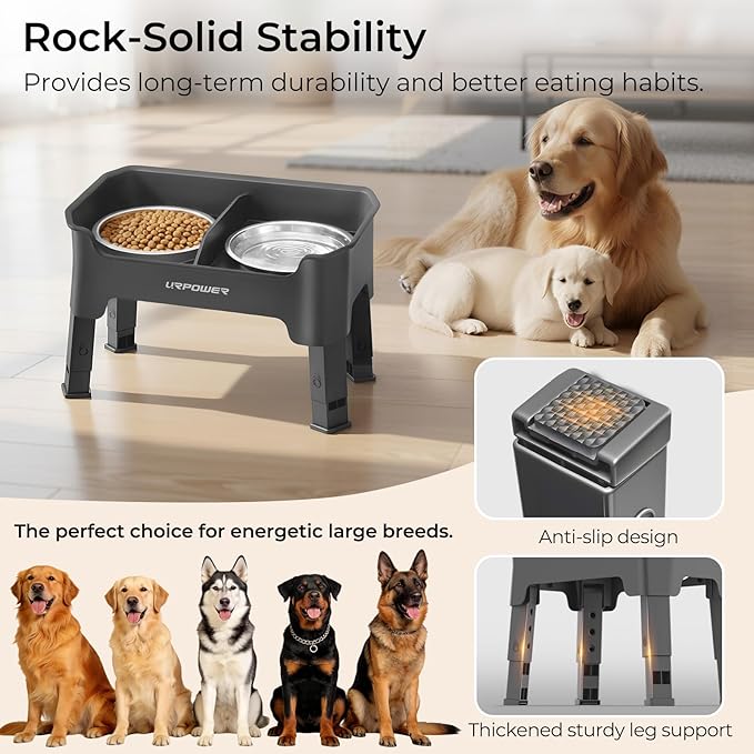 URPOWER Mess Proof Elevated Dog Bowls, High Wall Splash Guard Design, 4 Height Adjustable Raised Bowl Stand, 2 Large Stainless Steel Bowls, Non-Slip Food Water Set for Small Medium Large Dogs