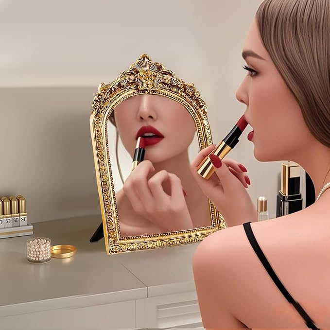 YUSONG Vintage Makeup Desk Mirror - 7" Gold Antique Mirror for Tabletop Resin Frame Decorative Wall Art for Living Room, Bedroom Decor, Vanity Table