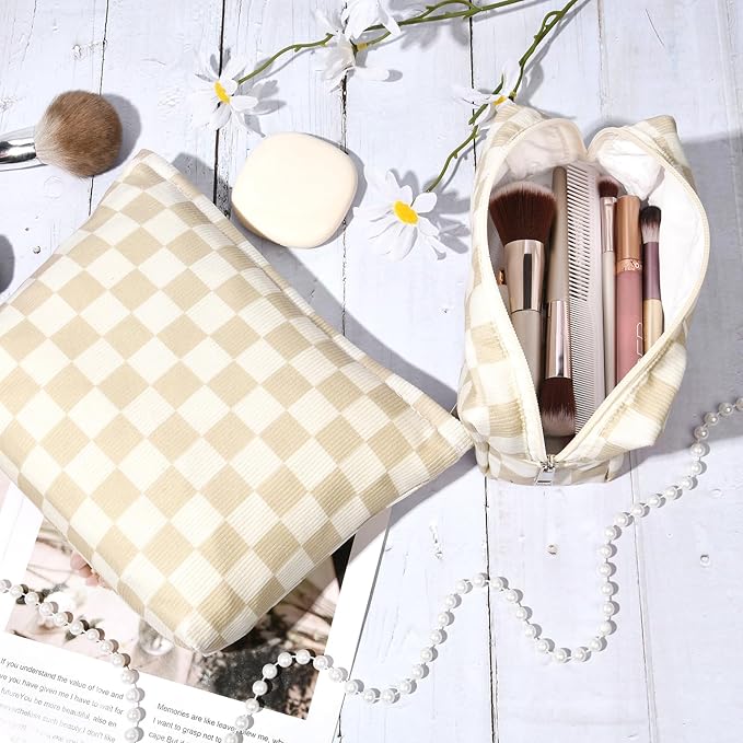 SOIDRAM 2 Pcs Checkered Makeup Bag Large Cosmetic Bag Toiletry Bag Makeup Pouch Travel Bag Organizer Cute Makeup Brushes Aesthetic Accessories Storage Bag for Women Brown Checkered