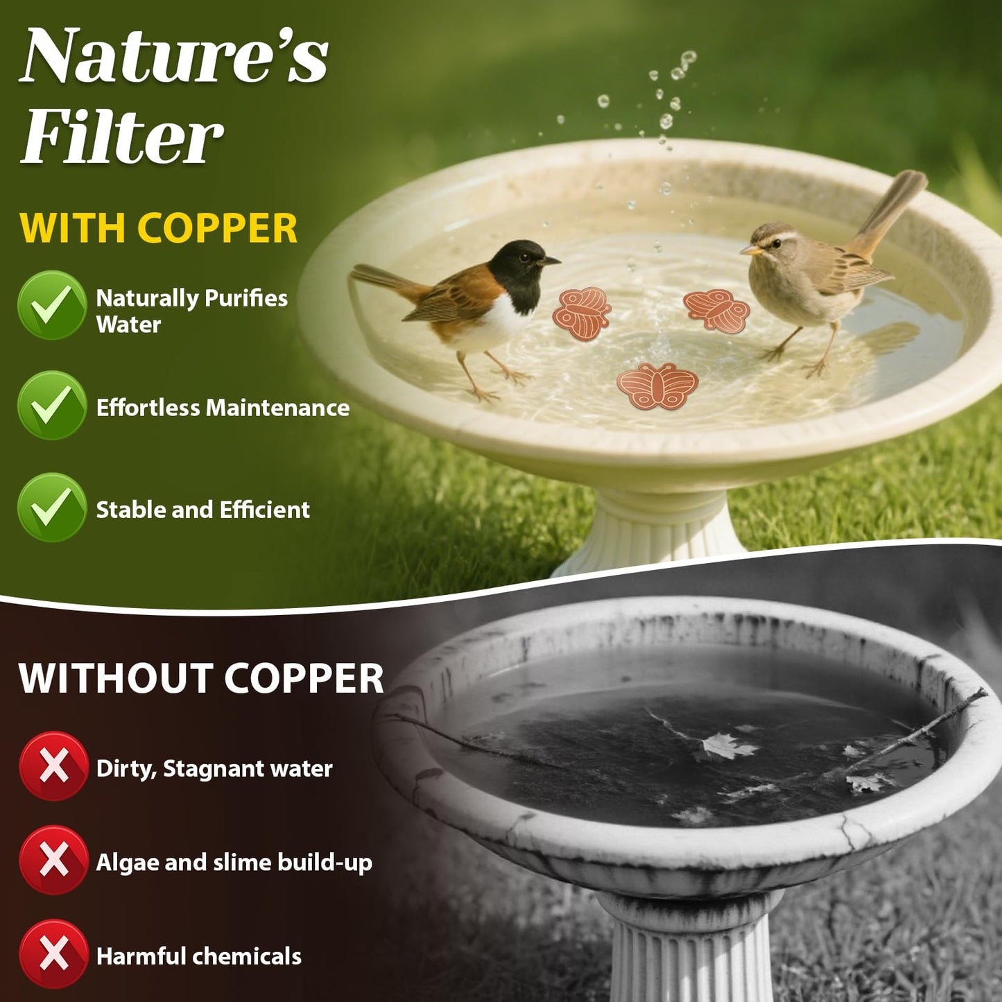 3Pcs Bird Bath Copper Purification Disk 99.99% Pure Copper Water Cleaning Discs 0.6mm Physical Clean Water for All-Season Universal Natural Fit for Outdoor Birdbaths, Bowls, Garden Fountain(Butterfly)