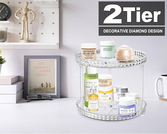 2 Tier Diamond Lazy Susan Bathroom Organizer Countertop, Clear 360 Rotating Cosmetic Makeup Organizer for Vanity, Skincare Organizers Perfume Organizer for Counter - Organization and Storage -9.25INCH