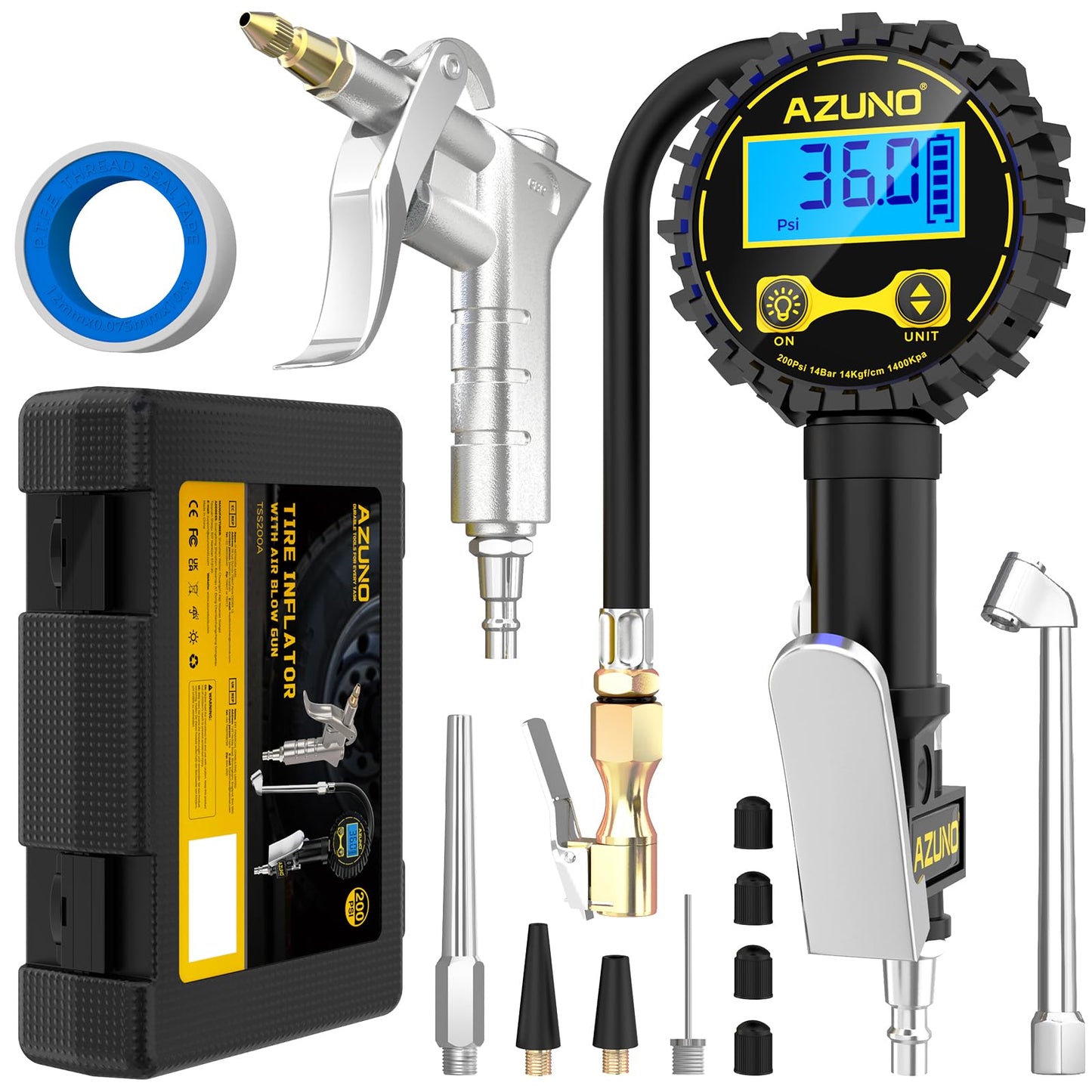 Tire Pressure Gauge, 3-in-1 Digital Tire Inflator with Air Blow Gun, 200PSI for Car Truck Motorcycle, with LED Screen, 4 Units for Air Compressor (1/4" NPT)