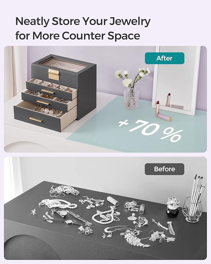 SONGMICS GISELLA Collection - Jewelry Box Organizer, 4-Layer Jewelry Storage with 3 Drawers, Shiny Metal Hardware, Glass Lid, Modern, 6 x 9.9 x 8.5 Inches, Gray and Gold Color UJBC161C01