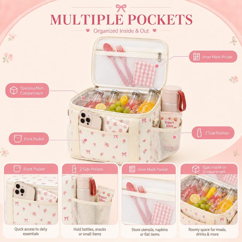 BTOOP Insulated Lunch Box for Women, Cute Leakproof Lunch Tote, Large Capacity Aesthetic Lunch Bag Girls with Shoulder Strap for Work, School, Picnic Pink Bow Floral