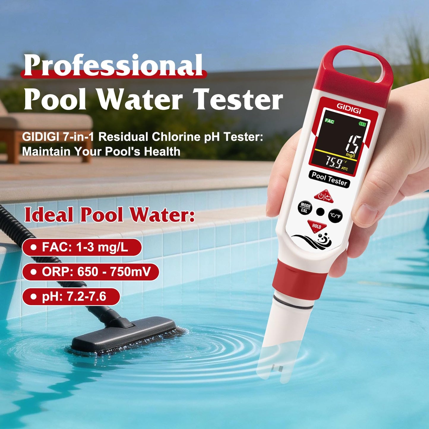 GIDIGI Digital Chlorine Tester Pool Salinity Meter, 7-in-1 pH Meter Test FAC pH Salt ORP TDS EC,Hot Tub Chlorine Meter with Backlit Display Screen for Drinking Water Quality Chlorine Level,Pool Tester