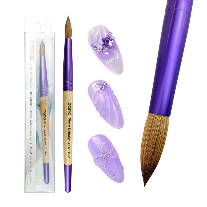 PANA Pure Kolinsky Hair Acrylic Nail Brush - Round Shape Purple Ferrule with Beige Wood Handle (Size 10)