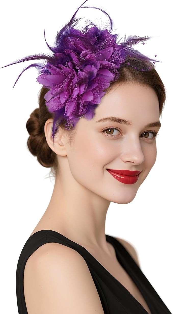 Womens Fascinators Hats Tea Party Hats for Women, Feather Pearl Veil Headband for Wedding Cocktail Dresses Accessories