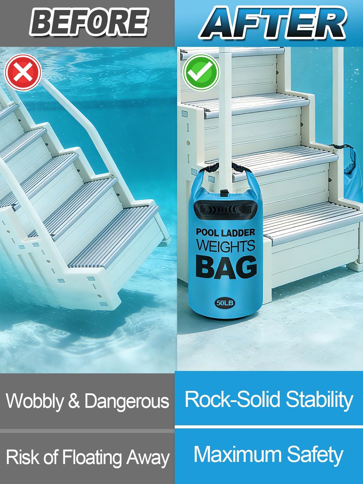 Cosweet 2 Pack Heavy Duty Pool Ladder Weights - 50lb Easy to Fill Anchor Bags, 500D PVC Waterproof Sand Bags with Handles & Secure Buckle Closure to Stabilize Above Ground Swimming Pool Steps