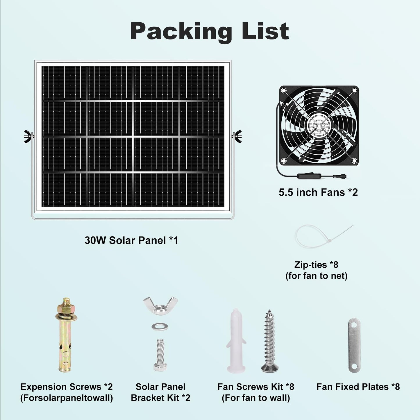 pqins 5.5'' Solar Greenhouse Fan 2 Kit, 30W Solar Powered Exhaust and Intake Chicken Coop Fan, Strong Airflow & Waterproof, 16.5 ft Cord, for Outdoor Shed Doghouse Air Circulation and Ventilation