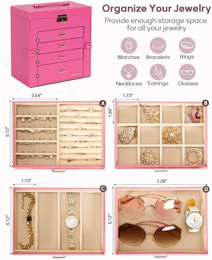 Homde Synthetic Leather Huge Jewelry Box Mirrored Watch Organizer Necklace Ring Earring Storage Lockable Gift Case (Pink + Gold)