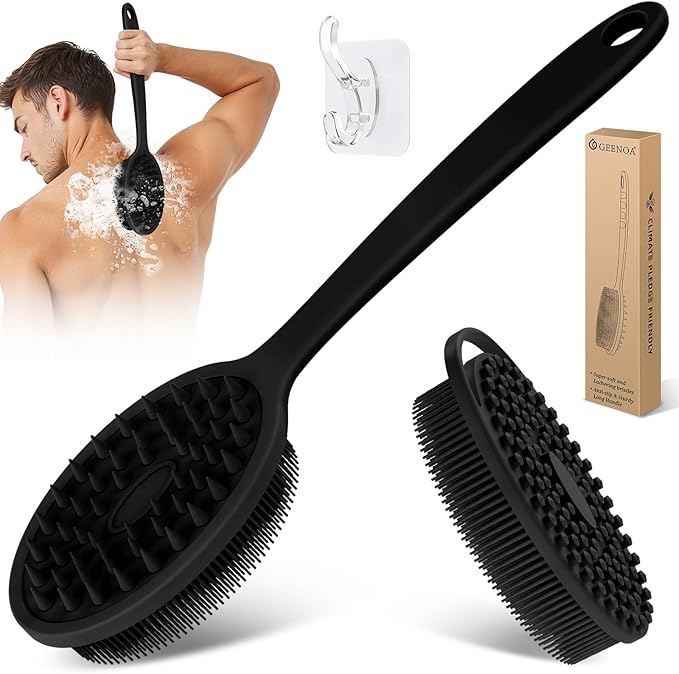 Silicone Back & Body Scrubber Set 2PCS, 13.4'' Gentle Exfoliating Back Scrubber with Dual-Side Head and Non-Slip Handle, Hygienic Silicone Loofah with Soft Bristles and Massage Dots(Black-2PC)