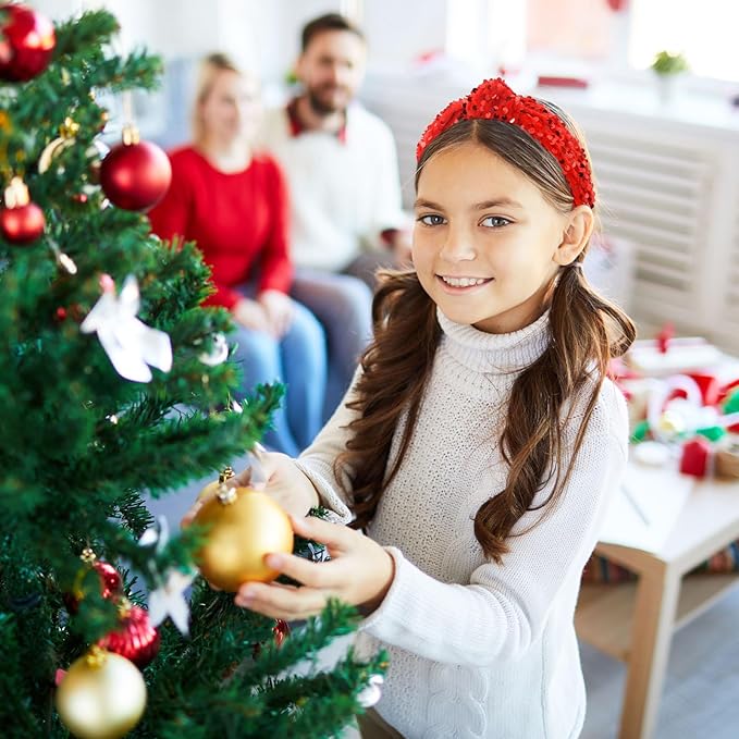 Christmas Knotted Headbands for Women Girls Non Slip Toddler Girl Sequin Headbands Wide Top Knot Head Bands Velvet Hairbands Fashion Hair Accessories for Girl (Red & Gold, 2Pcs)
