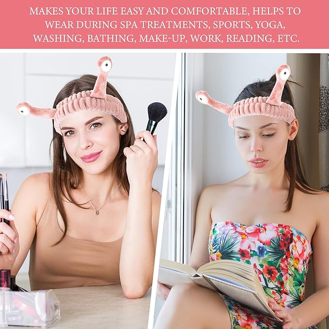 Face Wash Headband, Palm and Snail Spa Hair Bands Makeup Headbands Women Cartoon Cute Coral Fleece Elastic Headband Creative Hair Accessories for Washing Face Shower Sports (Light pink)