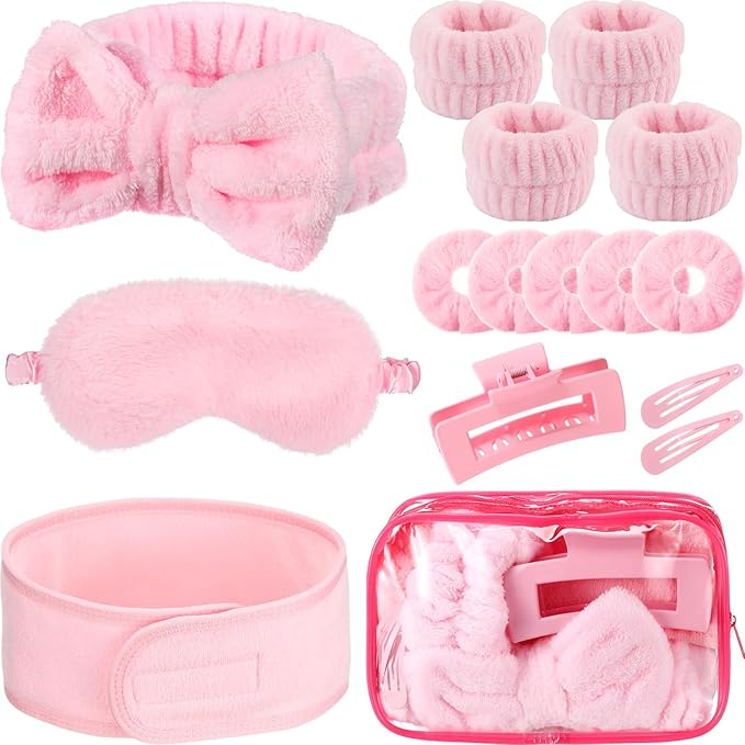 16 Pcs Skin Care Headband Set 2 Spa Headband 1 Plush Sleep Eye Mask 4 Skin Care Wristbands 5 Velvet Scrunchies 1 Claw Clip 2 Bangs Clip 1 Cosmetic Bag for Valentine Galentine Spa Gift(Pink)