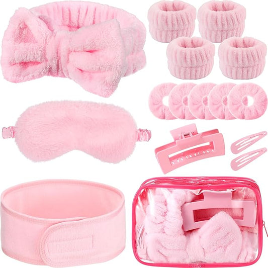 16 Pcs Skin Care Headband Set 2 Spa Headband 1 Plush Sleep Eye Mask 4 Skin Care Wristbands 5 Velvet Scrunchies 1 Claw Clip 2 Bangs Clip 1 Cosmetic Bag for Valentine Galentine Spa Gift(Pink)