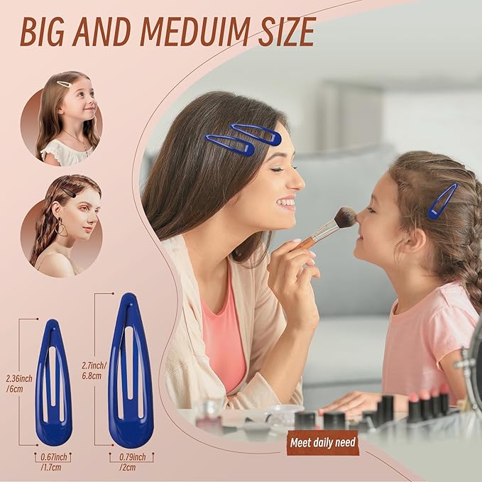 Metal Snap Hair Clips, No Slip Hair Clips for Thick/Thin Hair, 16pcs Medium Barrettes for Women Kids Hairstyle Makeup Accessories (8pcs 2.36inch & 8pcs 2.7inch) (Blue White)