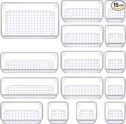 Drawer Organizers Set of 15, 4 Sizes Clear Plastic Drawer Organizers and Storage Bins for Kitchen, Bathroom, Office, Dresser Desk Drawer Organizer Tray for Jewelry, Makeup, Junk, Gadgets