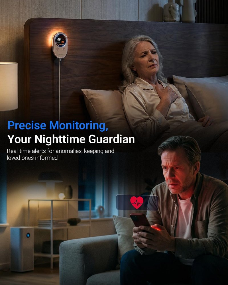 SOMNDEEP Contactless Health Monitor, Bedside Heart Rate & Breathing Monitor, Millimeter-Wave Radar, Precise Data, Medication Tracking, APP Sharing for Seniors or Patients with Chronic Diseases at Home