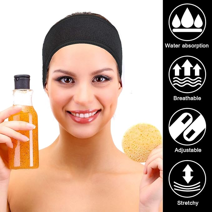 Whaline 3Pcs Spa Facial Headband Make Up Wrap Head Terry Cloth Headband Adjustable Washable Towel for Shower Makeup Face Washing Skincare Facial Treatment Sport Fits (White, Black, Pink)