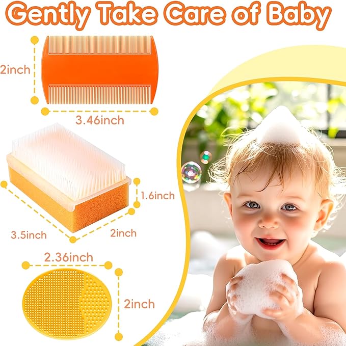 Cradle Cap Brush for Babies, Baby Bath Essentials with Silicone Scrubber Bath Sponge Dual-Sided Comb for Newborns Toddlers Boys Girls (Orange, Set of 5)