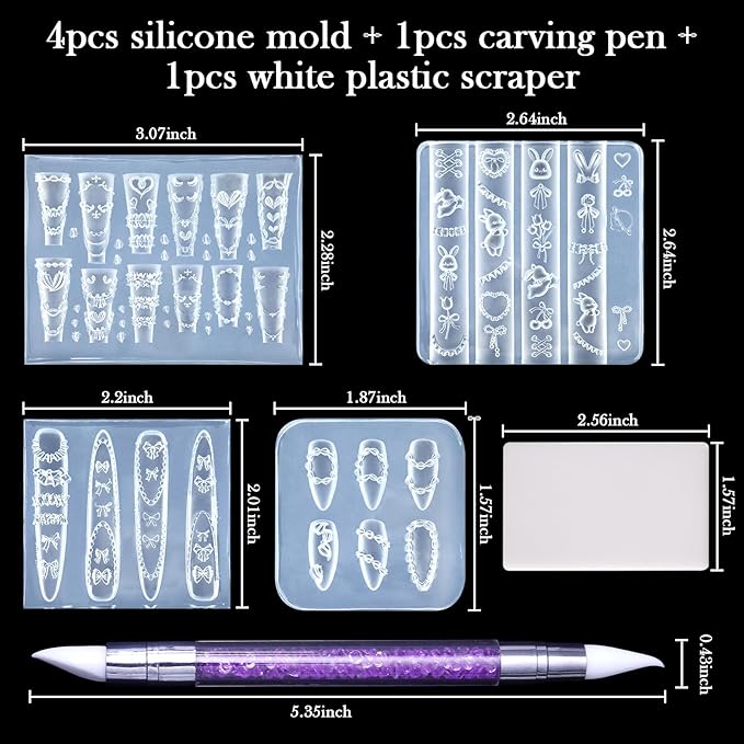 Laza 4pcs Cream Chain Silicone Nail Art Molds, 3D Multiple Shapes Embossed Cream Chain Bowknot Rabbit Charms Nail Accessories with Carving Pen Resin Nail Art Mold Manicure Tools for Manicure Design
