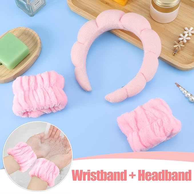 WSICSE Sponge Pink Spa Headband for Washing Face, Skincare Headbands Puffy Padded Keep Hair Dry Get Ready Hairband Spa Gifts for Women