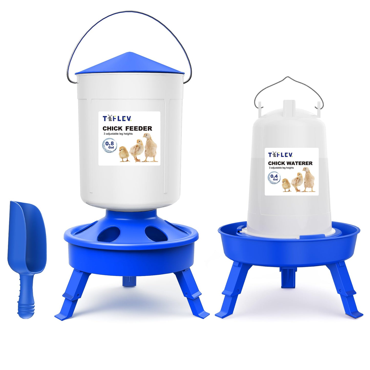 Tiflev Chick Feeder and Waterer Set with 3 Adjustable Height, Scoop, 0.8Gal Top Fill Chick Feeder and 0.4Gal Waterer Anti-Drown for Raising Chicks in Brooder Blue