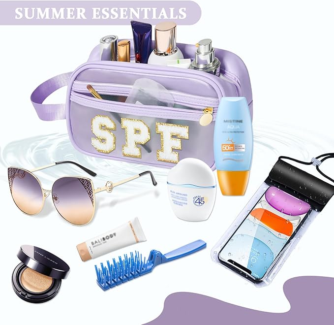COSHAYSOO Clear Sunscreen Bag Makeup Toiletries Pouch Beach Vacation Essentials Summer Travel Stuff Accessories Personalized Graduation Gifts for Her Women College Teen Girls Teacher Nurse Purple SPF
