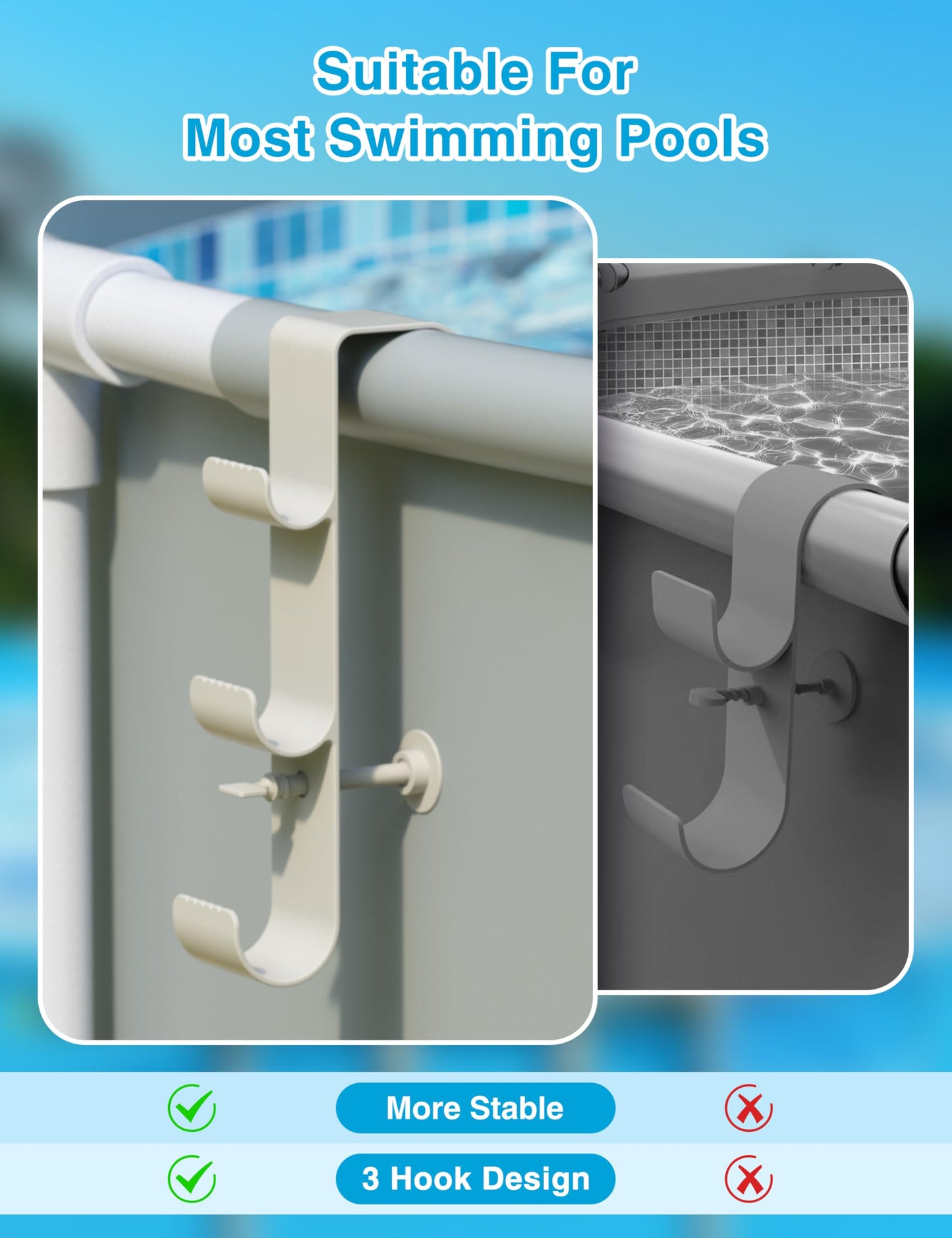 POOLHOUR Pool Hooks for Poles - Adjustable 3-Hook Pool Pole Hanger for Above Ground Pool Accessories,Skimmer & Cleaning Tool Bracket for Above Ground Pool Maintenance[Patented]