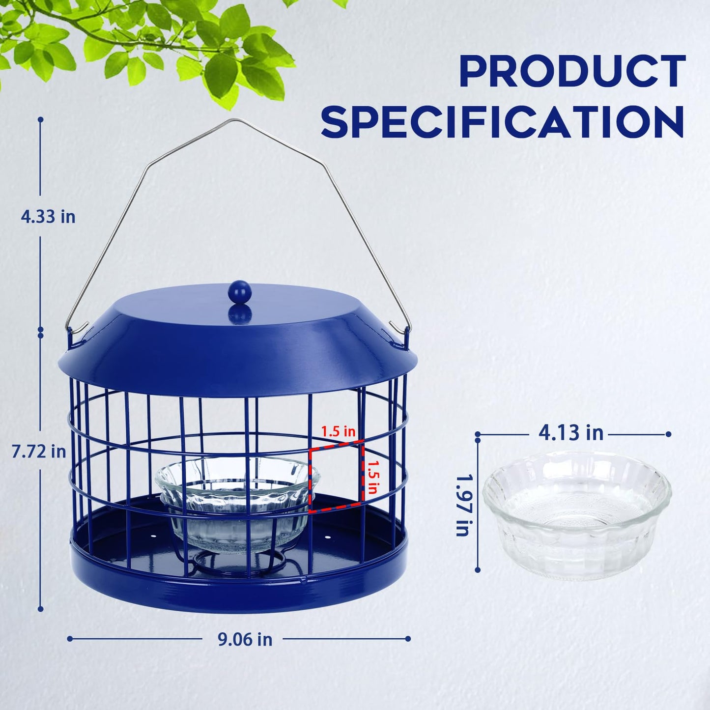 Gbekery Caged Bluebird Feeder for Mealworms with Glass Bowl, Squirrel Proof Bird Feeder for Small Birds Only, Detachable Hook, Large Space, Outdoors Weatherproof, Metal, Blue