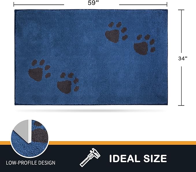 PURRUGS Dirt Trapping Door Mat 34" x 59", Non-Skid/Slip Machine Washable Microfiber Entrance Rug, Shoes Scraper, Dog Doormat, Super Absorbent Floor Mat for Muddy Wet Shoes and Paws, Blue
