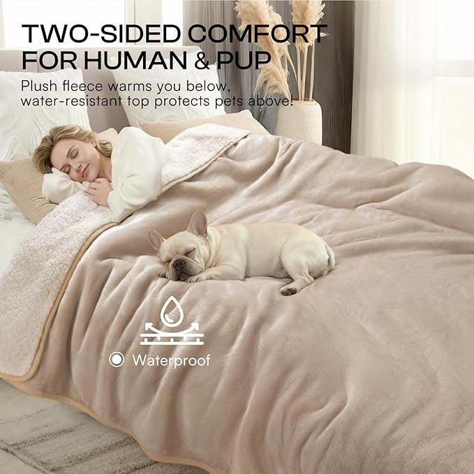Luciphia Waterproof Pet Blanket, Liquid Pee Proof Dog Blanket for Sofa Bed Couch, Reversible Sherpa Fleece Furniture Protector Cover for Small Medium Large Dogs Cats, Khaki+Beige X-Large（85" x 57"）
