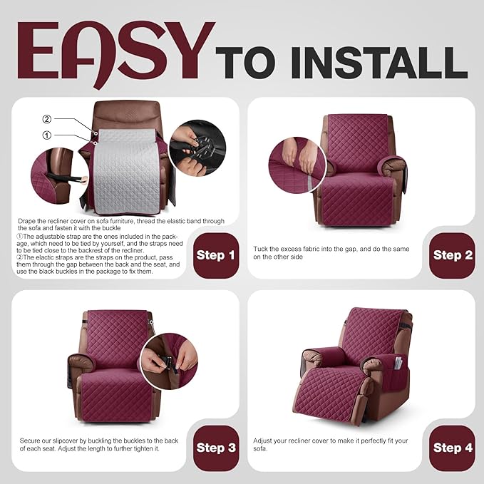 KinCam 100% Waterproof Recliner Chair Cover, Reclining Couch Covers for Pets, Dogs, Recliner Couch Slipcover Furniture Protector with Elastic Straps for Kids(30", Burgundy)