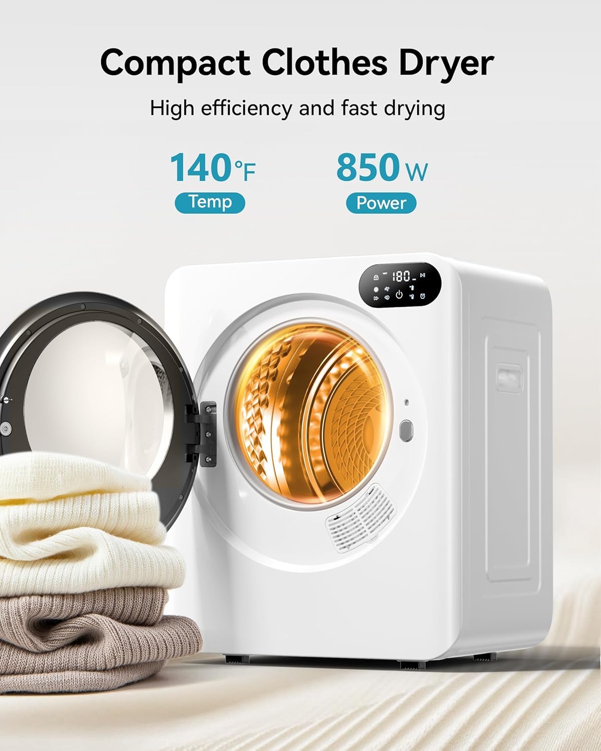 Euhomy Portable Dryer，1.5 Cu.Ft Clothes Dryer with Stainless Steel Drum, 850W Drying Machine with Exhaust Pipe, LED Control Panel For Apartments, Home, Dorm, White