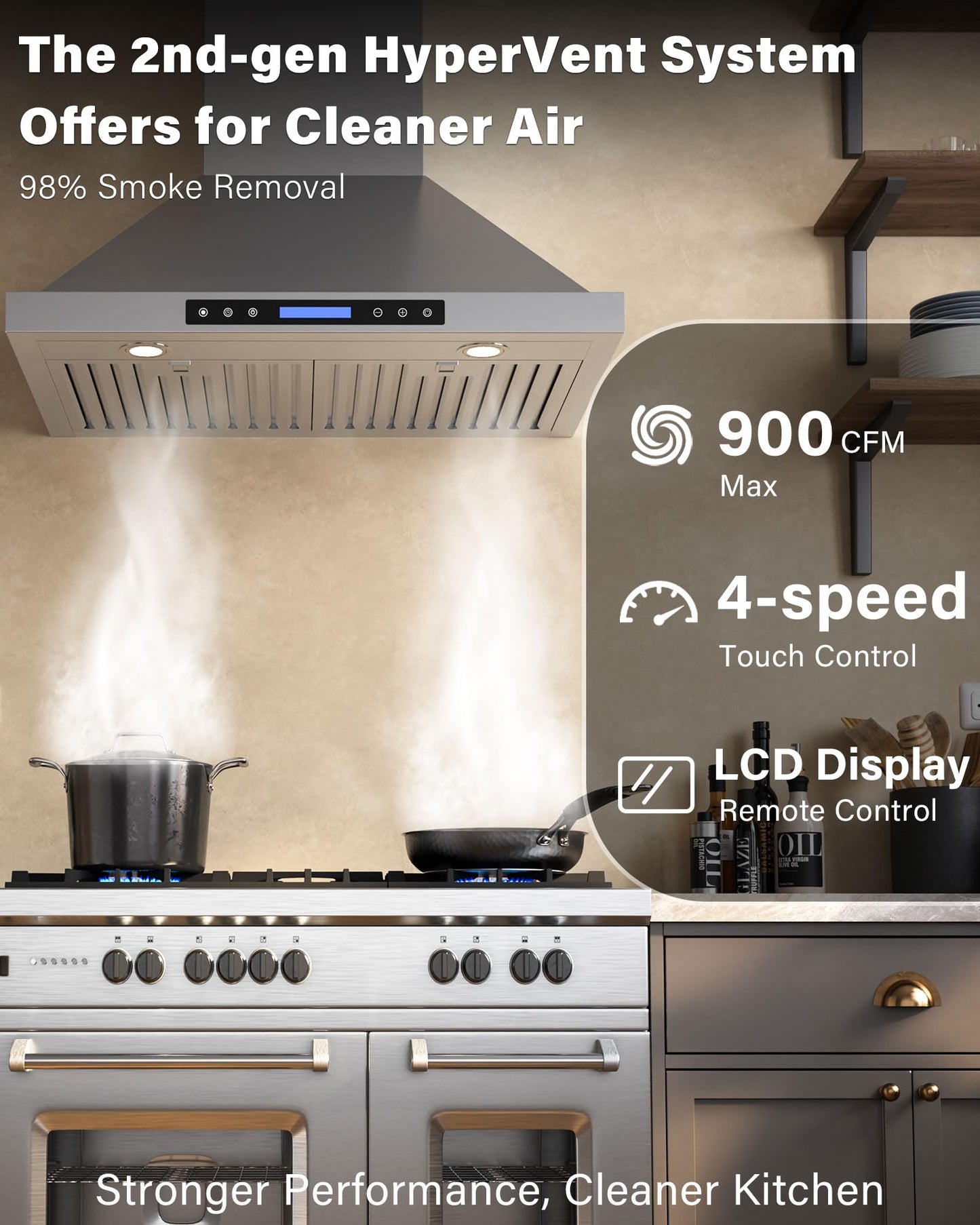 FlyPine 36 inch Stainless Steel Wall Mount Range Hood - 900 CFM, Ultra-Quiet 4-Speed Vent, Touch/Remote Control LCD, LED Lights, Ducted/Ductless Convertible