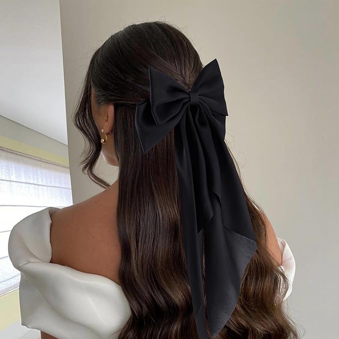 6Pcs Large Bows Hair Clips for Women Girls Long Tail Hair Ribbon Silky Satin Barrettes Coquette Hair Bows Accessories (Black/White)