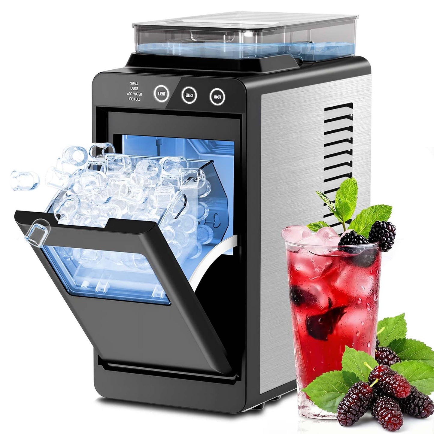 Kismile Countertop Ice Maker with 1.2L Top Water Tank, 8 Bullet Cubes in 6 Mins, 26.5lbs in 24Hrs, 2 Ice Sizes, Self-Cleaning Portable Ice Maker with Basket and Scoop, for Home/Camping/RV, Dark Black