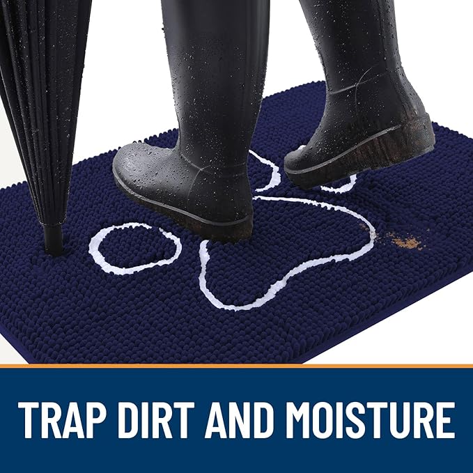 OLANLY Dog Door Mat for Muddy Paws 47x24, Paw Print Design, Absorbs Moisture and Dirt, Absorbent Non-Slip Washable Doormat, Quick Dry Chenille Mud Mat for Dogs, Entry Indoor Entryway Carpet, Navy Blue