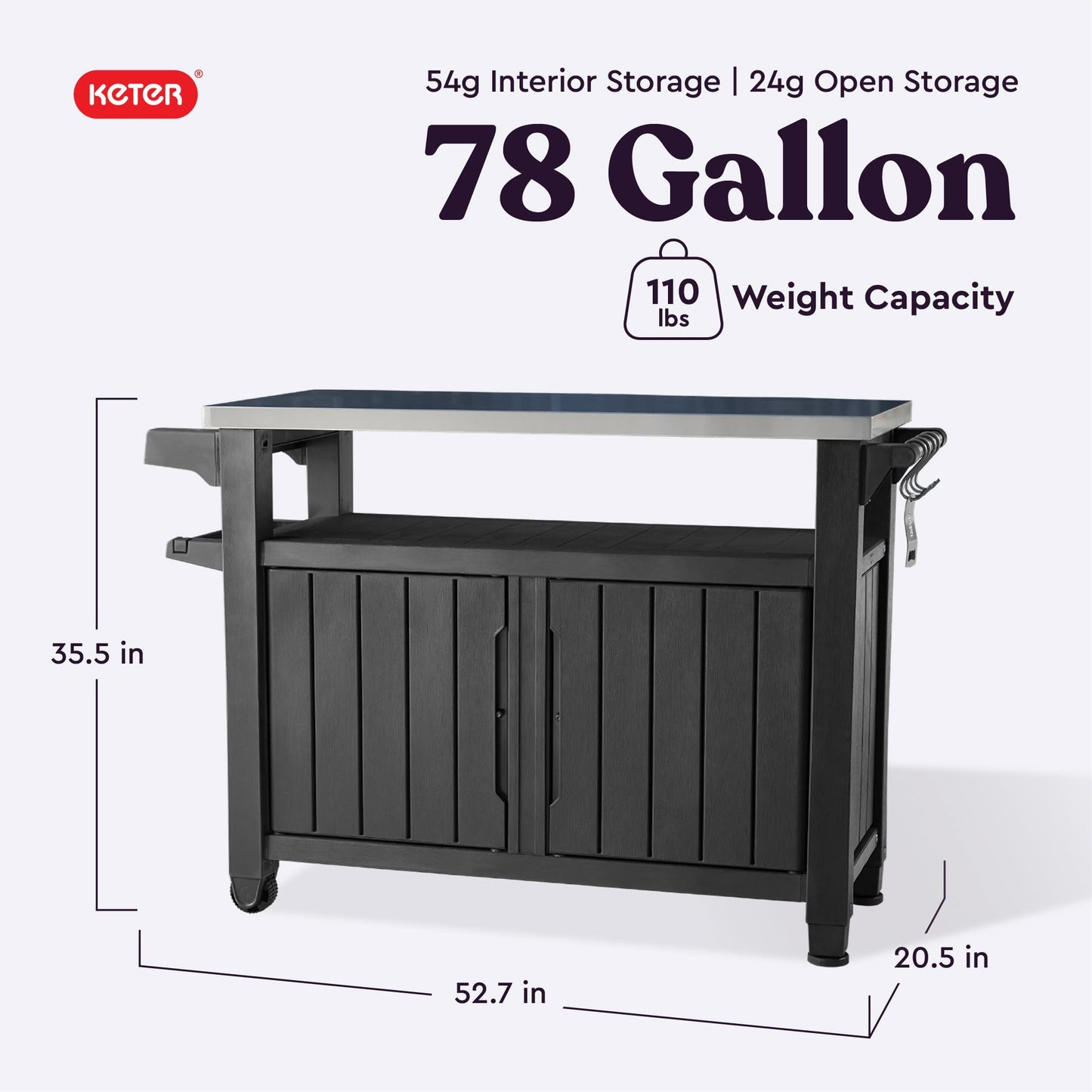 Keter Unity XL Portable Outdoor Table with Stainless Steel Top for Kitchen Prep and Outdoor Storage Cabinet for Grilling Accessories, Dark Grey