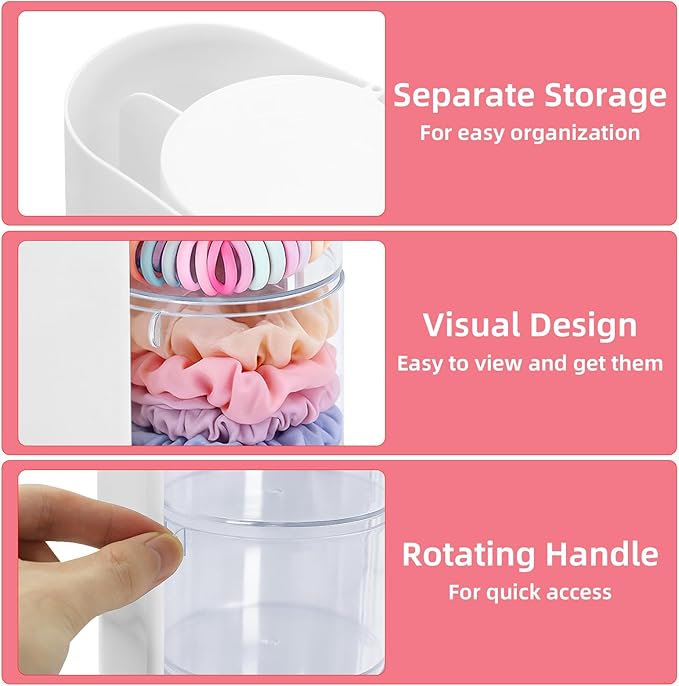 neotidy Hair Accessories Organizer with Hair Brush Holder, Rotating Hair Tie Product Organizer for Girls, 3-Tier Makeup Brush Holder for Clips, Bows & Brushes (White, 3-Tier)
