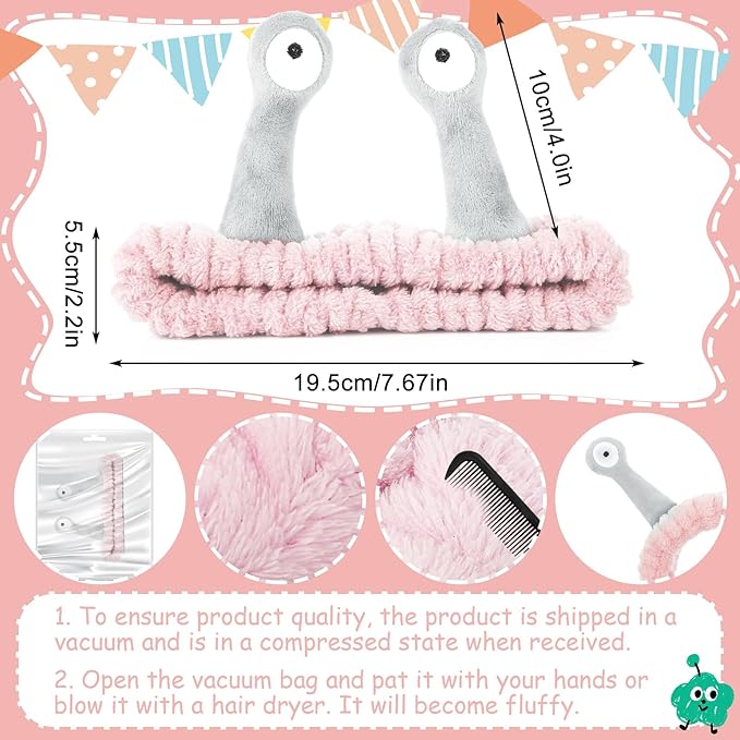 Face Wash Headband, Palm and Snail Spa Hair Bands Makeup Headbands Women Cartoon Cute Coral Fleece Elastic Headband Creative Hair Accessories for Washing Face Shower Sports (Pink&Grey)