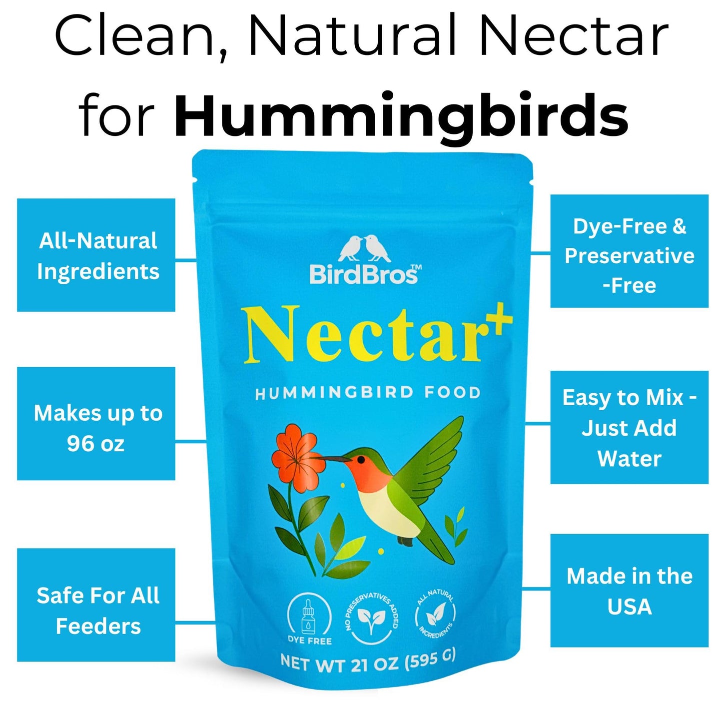 BIRDBROS Hummingbird Nectar Powder Nectar+ Hummingbird Food for Feeders – All-Natural, Dye-Free, No Boil, Easy Mix – Pure Cane Sugar, Hummingbird Feeder Refill, Made in USA – Makes 96 oz